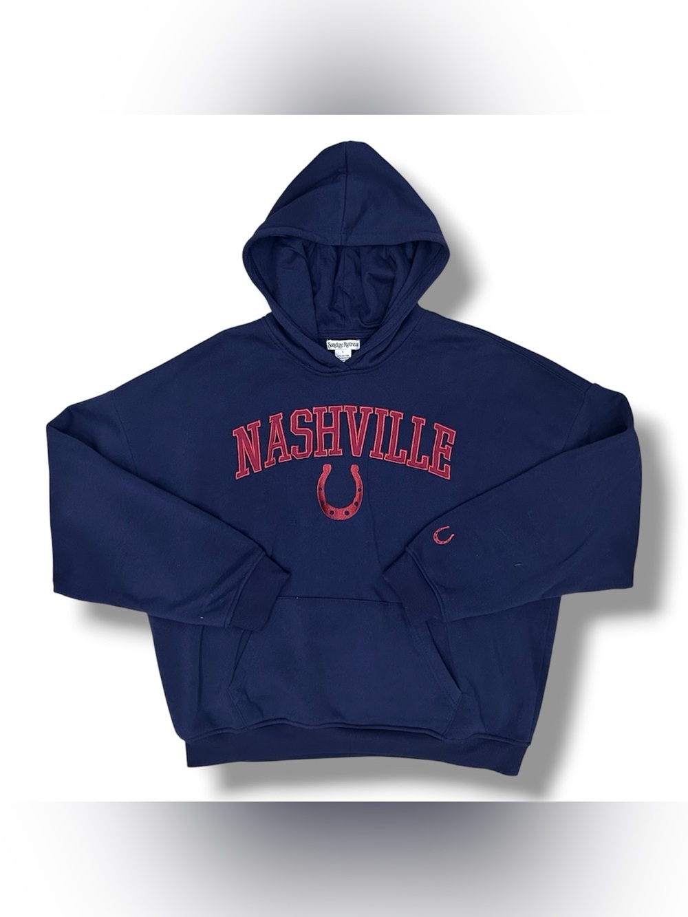 Sunday Retreat Navy Hoodie w/ NASHVILLE & Horseshoes Embroidered in Red NWOT